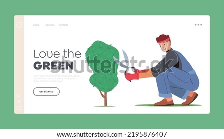 Yardwork Maintenance Landing Page Template. Man Cut Hedge in Orchard Doing Gardener Works Prune Shrub with Scissors. Worker Male Character Trimming Bush in Garden. Cartoon Vector Illustration