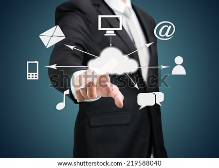 Businessman hand touch cloud computing concept on drak background