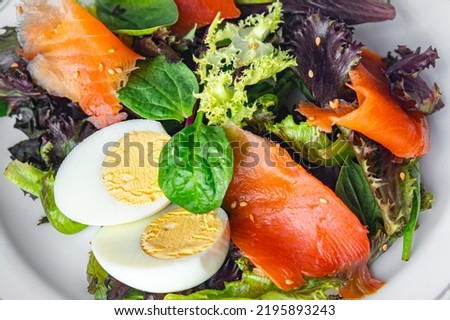 salmon salad red fish appetizer fresh dish healthy meal food snack diet on the table copy space food background rustic top view keto or paleo diet veggie vegetarian food no meat pescatarian diet Royalty-Free Stock Photo #2195893243
