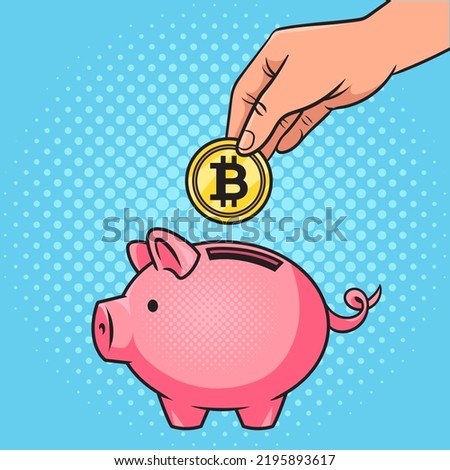 hand throwing bitcoin coin into piggy bank pop art retro vector illustration. Comic book style imitation.
