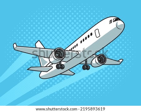 taking off passenger plane pop art retro vector illustration. Comic book style imitation.