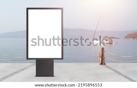 Blank billboard on seaside. Aspat Marina. Bodrum, Turkey. Front view