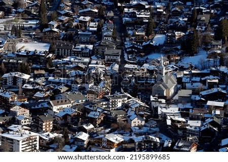 French Alps. Aerial view of Megeve in winter. The church.  France. 