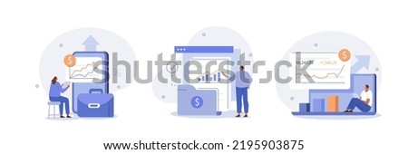 Financial illustration set. Characters investing money in stock market. People analyzing financial graphs, latest stock market news and other data. Stock trading concept. Vector illustration.