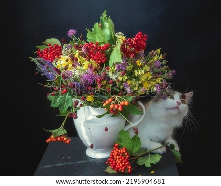Charming kitty with a bouquet on a black background