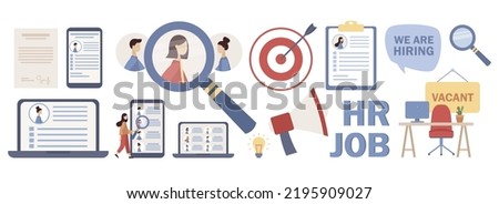 Job icon set. We are Hiring. Resume, CV, Job search, Hiring employees, HR, candidate selection concept. Recruitment and headhunting agency. Vector flat illustration 
 Royalty-Free Stock Photo #2195909027