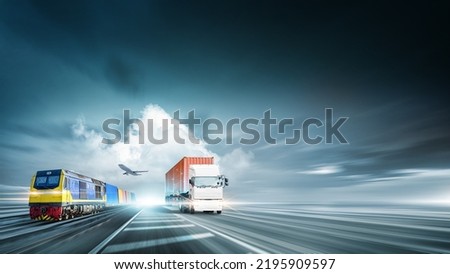 Technology Future of Cargo Container Logistics Transport Concept, Freight Train, Plane, Truck on Highway Road at Dramatic Sky with Copy Space, Modern Futuristic Transportation Import Export Background