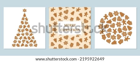 Set of Christmas greeting cards with gingerbread cookies. Winter homemade sweets pattern. Isolated vector illustration