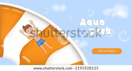 Aqua park with orange water slide and slipping boy on it. Vector design concept for web. Cartoon illustration in 3d style.