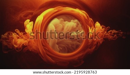 Smoke round frame. Ink water mix. Occult wheel. Explosion smog cloud. Orange red yellow color fume circle whirl glow on dark black abstract background. Royalty-Free Stock Photo #2195928763