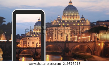 Tablet, smartphone taking picture of Rome Italy 