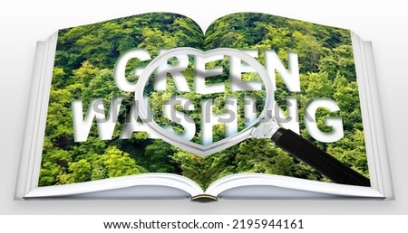 Alert to Greenwashing - Real opened book concept with text against a forest and trees and magnifying glass Royalty-Free Stock Photo #2195944161