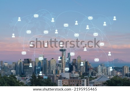 Seattle skyline panorama from Kerry Park. Skyscrapers of financial downtown at sunset, Washington, USA. Social media hologram. Concept of networking and establishing new people connections