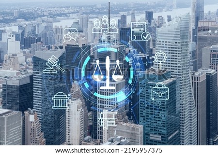 Aerial panoramic city view of Time Square area, Manhattan West Side and the Hudson River, New York city, USA. Glowing hologram legal icons. The concept of law, order, regulations and digital justice