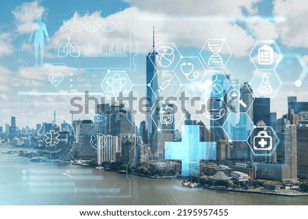 Aerial panoramic helicopter city view of Lower Manhattan and Downtown financial district, New York, USA. Health care digital medicine hologram. The concept of treatment and disease prevention