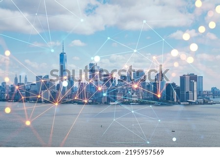 Aerial panoramic helicopter city view of Lower Manhattan and Downtown financial district, New York, USA. Social media hologram. Concept of networking and establishing new people connections Royalty-Free Stock Photo #2195957569