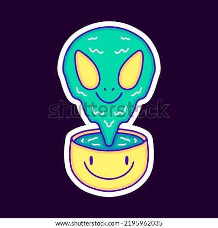 Melted alien head with smile emoji face cartoon, illustration for t-shirt, sticker, or apparel merchandise. With modern pop and retro style.