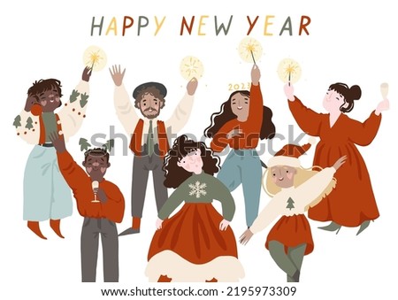 Happy New Year 2023 card. Christmas eve. Many different young people are celebrating, dancing. Fun young adult man and woman partying. Cartoon flat design style vector illustration isolated on white