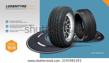 The tire set of the car is on the road. Advertising banner. A bunch of wheels against the color background. Web design. Promotion. Advertising for the sale of winter and summer wheels.
