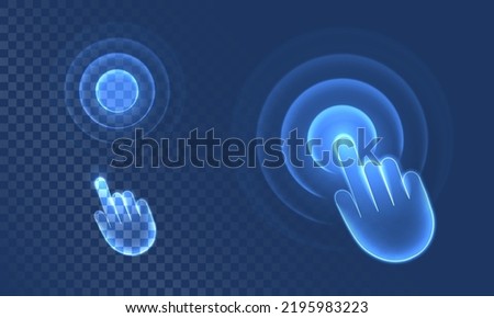 Touch wave from hand gesture in digital futuristic style on blue background. Neon icon of hand movement or display click. Neon vector illustration with light effect Royalty-Free Stock Photo #2195983223