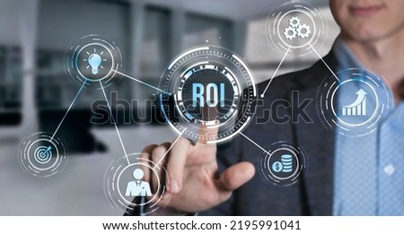 Internet, business, Technology and network concept. ROI Return on investment financial growth concept. Virtual button.

