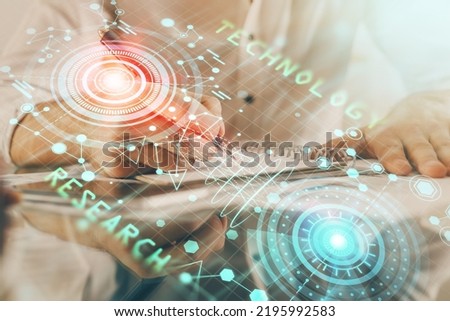 Writing man's hands background with technology drawings. Double exposure. Concept of innovation.