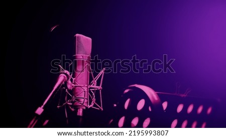 Professional microphone and anti vibration on mic stand. Microphone in sound studio production. Close up microphone and Shock mount pop filter at studio. Condenser mic against dark and copy space.