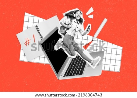 Poster collage of cool crazy school girl jumping over netbook using web study apps isolated on colorful background