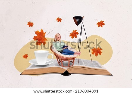 Creative collage photo of woman sit in chair read book resting relaxing drink cacao autumn leaves fall isolated on beige color background