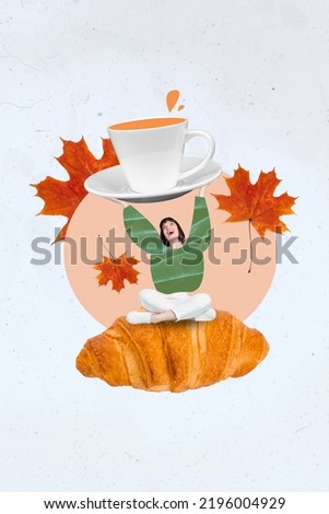 Vertical collage image of excited positive girl sit huge croissant arms hold coffee cup autumn maple leaves isolated on creative background