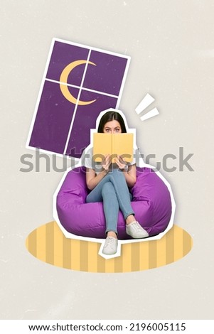 Vertical creative collage image of pretty girl student sit beanbag read book late night cover face interesting plot bookwarm prepare exams