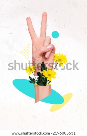 Vertical collage illustration of human hand fingers demonstrate v-sign growing yellow flowers isolated on creative background