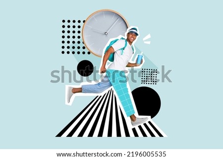 Composite collage illustration of positive crazy guy hold drink plastic cup running pedestrian crossing isolated on drawing background