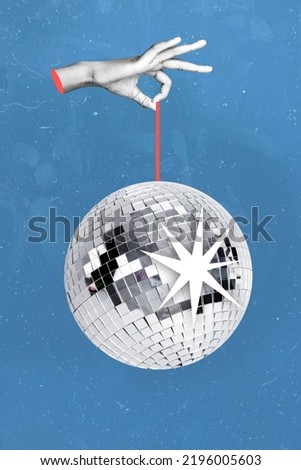 Vertical poster collage of disco ball hold hand isolated on painting blue color background Royalty-Free Stock Photo #2196005603