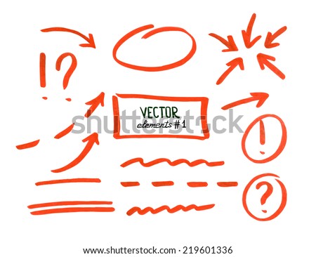 Set of correction and highlight elements, part 1. Circles, arrows, lines etc. Hand drawn with marker pen. Vector illustration. Royalty-Free Stock Photo #219601336