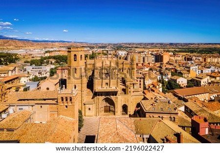 Aerial view of Huesca, a hilly medieval old town in Spain topped by Gothic Huesca Cathedral Royalty-Free Stock Photo #2196022427