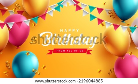 Birthday text vector design. Happy birthday with balloons, confetti and pennants elements for kids party colorful decoration invitation card. Vector Illustration. Royalty-Free Stock Photo #2196044885