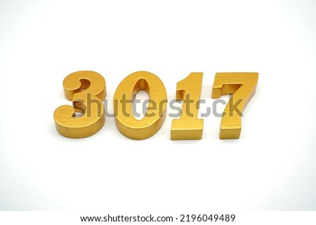  Number 3017 is made of gold-painted teak, 1 centimeter thick, placed on a white background to visualize it in 3D.                                     
