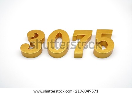  Number 3075 is made of gold-painted teak, 1 centimeter thick, placed on a white background to visualize it in 3D.                                 