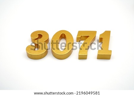  Number 3071 is made of gold-painted teak, 1 centimeter thick, placed on a white background to visualize it in 3D.                                 