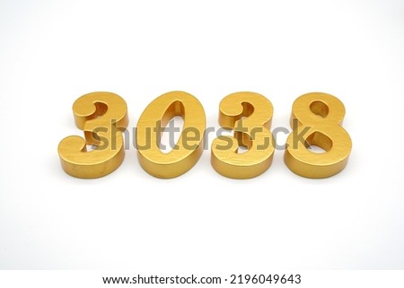     Number 3038 is made of gold-painted teak, 1 centimeter thick, placed on a white background to visualize it in 3D.                                    