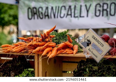 Bunches of orange carrots sitting on wooden boxes for sale in front of organically grown sign at local outdoor farmers market