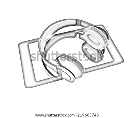 a creative cellphone with headphones isolated on white, portable audio concept. Pencil drawing 