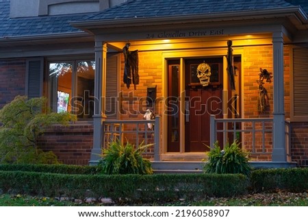 Evening view of a beautiful Halloween decorated house in Toronto, Canada.