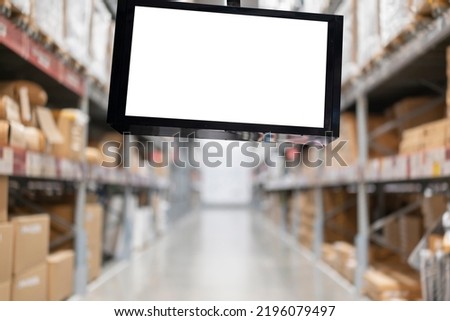 Mock up. horizontal rectangular white empty signage, information board inside in shopping mall, store. Large inventory. warehouse goods stock for logistic shipping banner background.