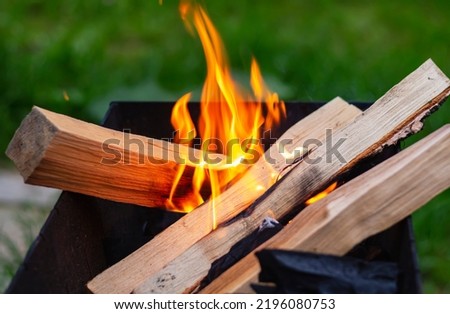 Preparation of embers for preparing of appetizing barbecue on grill on blurred green grass background.Brightly burning wooden logs with yellow hot flames of fire.Sparkling bonfire in grill on firewood