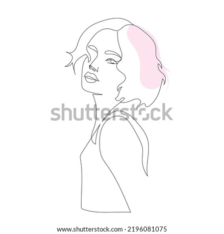 Hand drawn one line woman portrait with abstract geometric elements. Continuous drawing. Minimalism and simple. Trendy modern design for poster, card, promotion. Fashion sketch. 