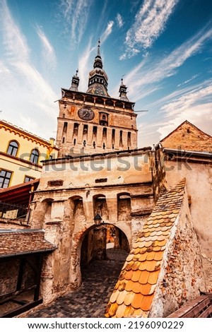 Sighisoara, Transylvania, Romania with famous medieval fortified city and the Clock Tower built by Saxons. Turnul cu ceas