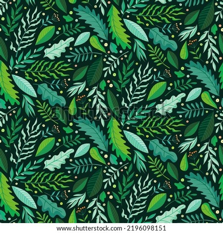 Green herbs seamless pattern. Leaves, wildflowers and berries. Vector illustration with different plants and branches on dark green background