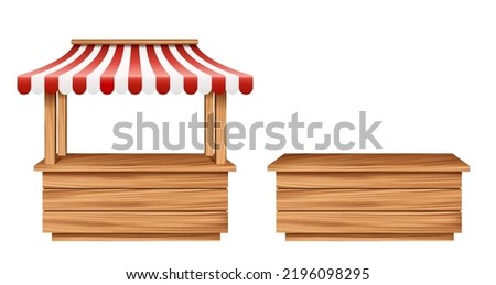 Realistic market stall booth, isolated 3d vector empty wooden stall with striped canopy. Mockup of wood counter awning with red and white stripes for street trading, retail stand of grocery goods Royalty-Free Stock Photo #2196098295